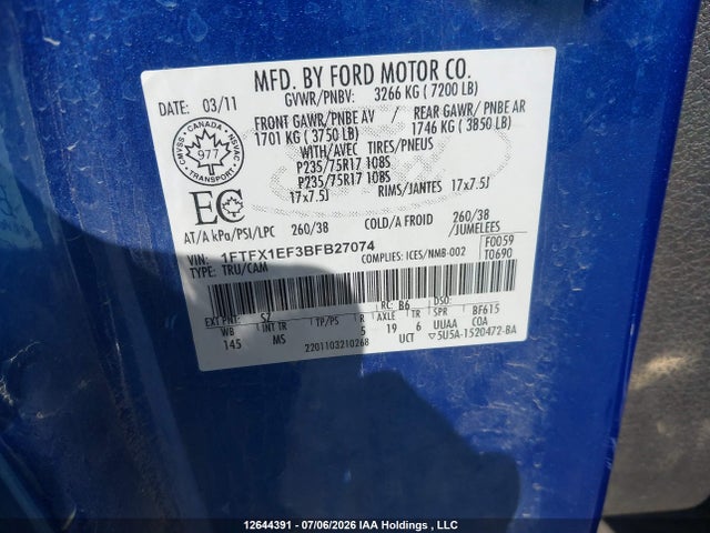 12644391 :رقم المزاد ، 1FTFX1EF3BFB27074 vin ، 2011 Ford F150 Super Cab مزاد بيع