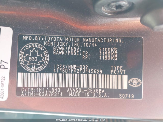 2015 Toyota Camry Hybrid/le/xle/se მანქანა იყიდება აუქციონზე, vin: 4T1BD1FK2FU145629, აუქციონის ნომერი: 12644405