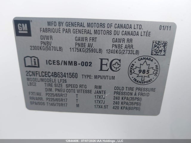 2011 Chevrolet Equinox Ls მანქანა იყიდება აუქციონზე, vin: 2CNFLCEC4B6341560, აუქციონის ნომერი: 12644406