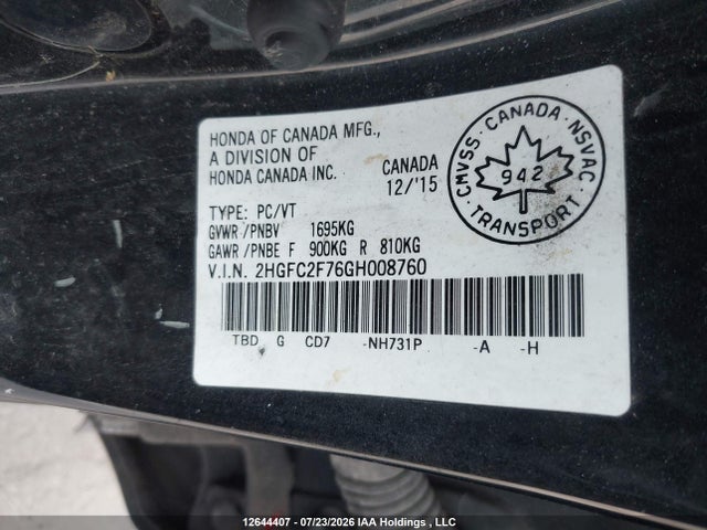 Продаж на аукціоні авто 2016 Honda Civic Ex, vin: 2HGFC2F76GH008760, номер лоту: 12644407