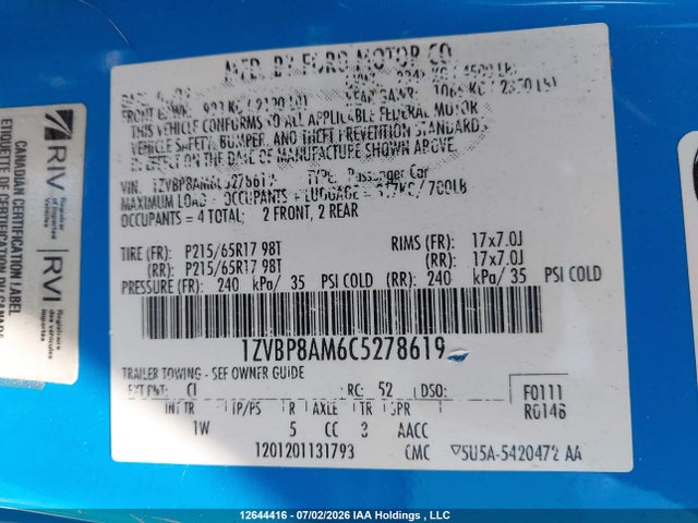 12644416 :رقم المزاد ، 1ZVBP8AM6C5278619 vin ، 2012 Ford Mustang V6/v6 Premium مزاد بيع
