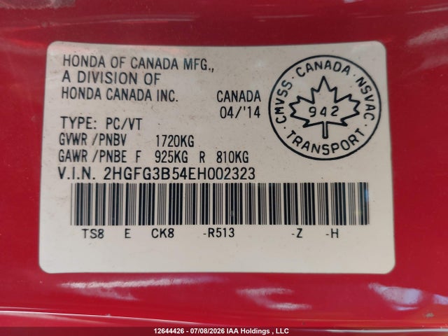 2014 Honda Civic Lx მანქანა იყიდება აუქციონზე, vin: 2HGFG3B54EH002323, აუქციონის ნომერი: 12644426