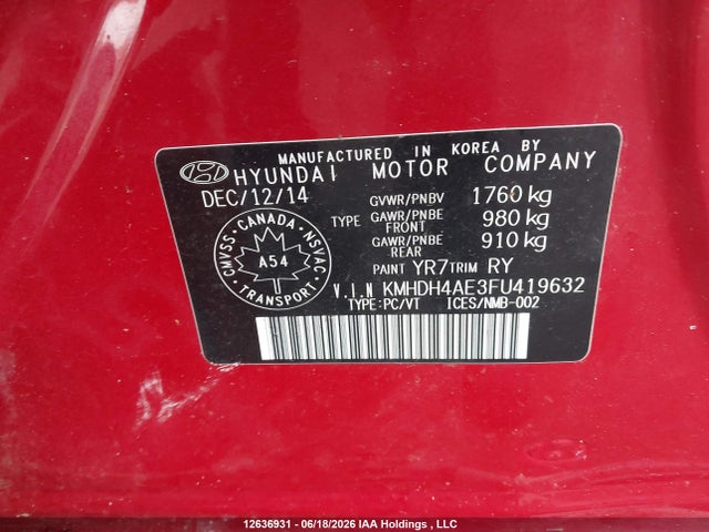 Aukcja sprzedaży 2015 Hyundai Elantra Sport Appearance, vin: KMHDH4AE3FU419632, numer aukcji: 12636931