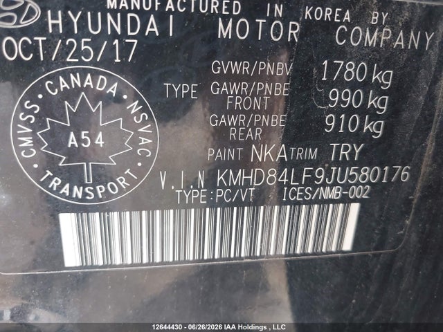 KMHD84LF9JU580176 Hyundai Elantra Sel/value/limited