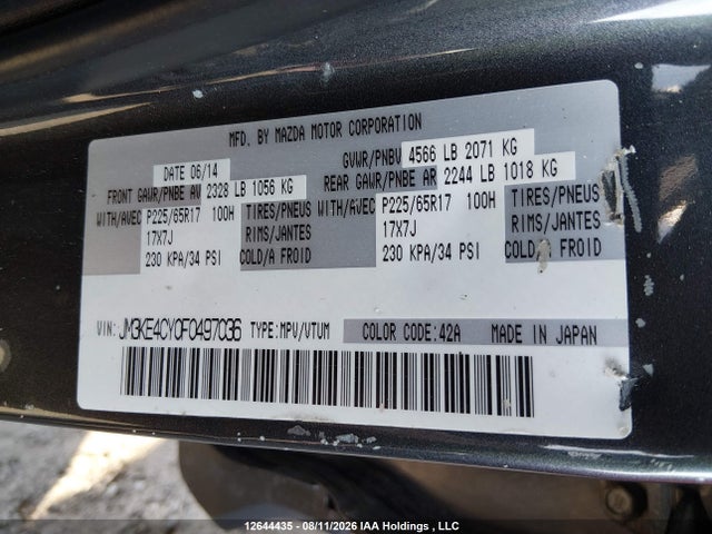 12644435 :رقم المزاد ، JM3KE4CY0F0497036 vin ، 2015 Mazda Cx -5 Gs مزاد بيع