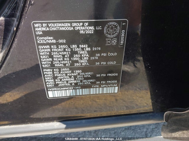 1V2FE2CA8NC221362 Volkswagen Atlas Cross Sport 3.6 Fsi Execline