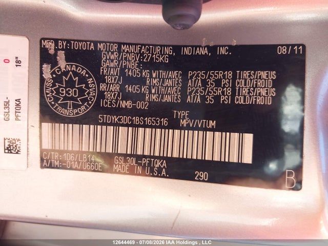 2011 Toyota Sienna Xle 7 Passenger მანქანა იყიდება აუქციონზე, vin: 5TDYK3DC1BS165316, აუქციონის ნომერი: 12644469