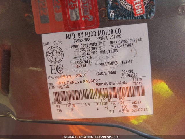 12644471 :رقم المزاد ، 1FTLR4FE2APA36097 vin ، 2010 Ford Ranger Sport/xlt مزاد بيع