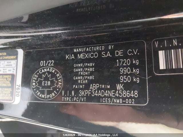 2022 Kia Forte Ex/ex Premium/ex+/gt-line მანქანა იყიდება აუქციონზე, vin: 3KPF34AD4NE458648, აუქციონის ნომერი: 12630829