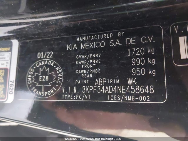 2022 Kia Forte Ex/ex Premium/ex+/gt-line მანქანა იყიდება აუქციონზე, vin: 3KPF34AD4NE458648, აუქციონის ნომერი: 12630829