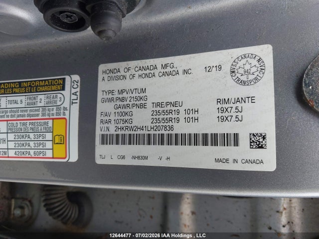 2020 Honda Cr-v Sport მანქანა იყიდება აუქციონზე, vin: 2HKRW2H41LH207836, აუქციონის ნომერი: 12644477