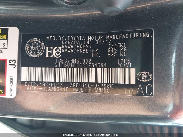 Продаж на аукціоні авто 2012 Toyota Corolla, vin: 2T1BU4EE6CC781691, номер лоту: 12644480