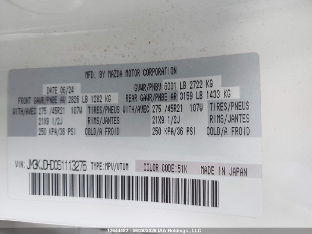 12644482 :رقم المزاد ، JM3KJDHD0S1113276 vin ، 2025 Mazda Cx-70 Mhev Gt مزاد بيع