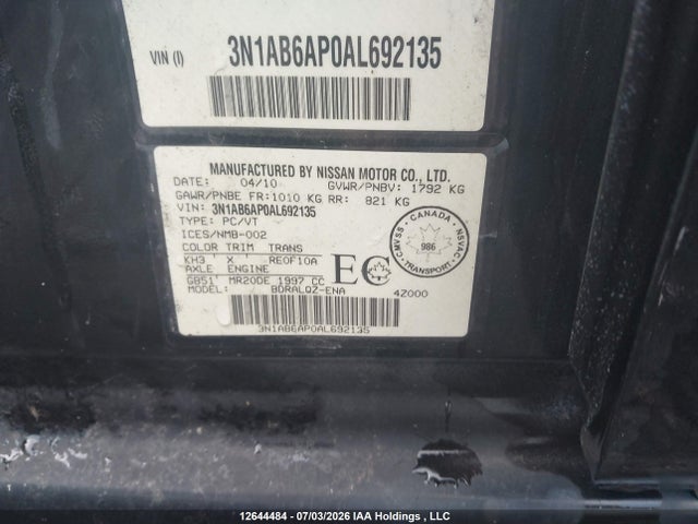 2010 Nissan Sentra 2.0/2.0s/sr/2.0sl მანქანა იყიდება აუქციონზე, vin: 3N1AB6AP0AL692135, აუქციონის ნომერი: 12644484