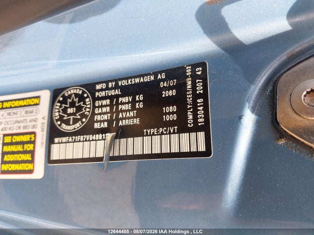 Aukcja sprzedaży 2007 Volkswagen Eos 2.0t, vin: WVWFA71F87V048913, numer aukcji: 12644485