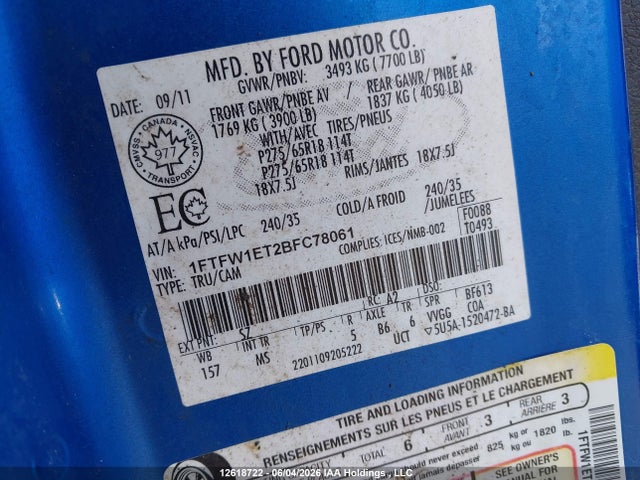 12618722 :رقم المزاد ، 1FTFW1ET2BFC78061 vin ، 2011 Ford F150 Supercrew مزاد بيع