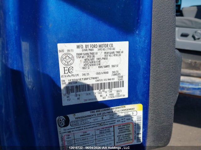 12618722 :رقم المزاد ، 1FTFW1ET2BFC78061 vin ، 2011 Ford F150 Supercrew مزاد بيع