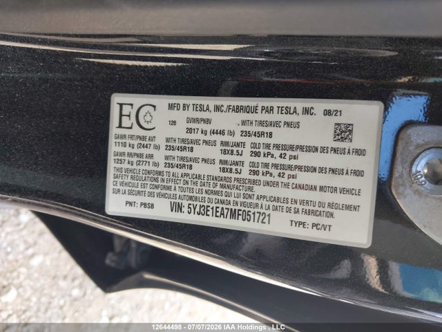 5YJ3E1EA7MF051721 Tesla Model 3 Standard Range/standard Range Plus