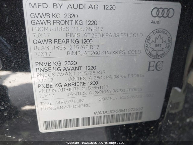 12644504 :رقم المزاد ، WA1AUCF38M1072537 vin ، 2021 Audi Q3 40 Komfort مزاد بيع