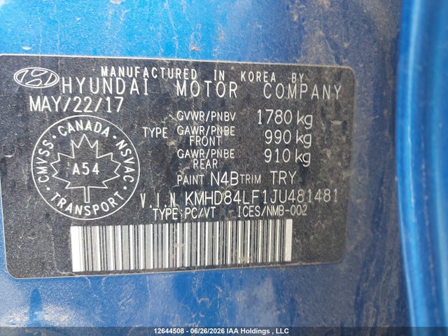 12644508 :رقم المزاد ، KMHD84LF1JU481481 vin ، 2018 Hyundai Elantra Gls مزاد بيع