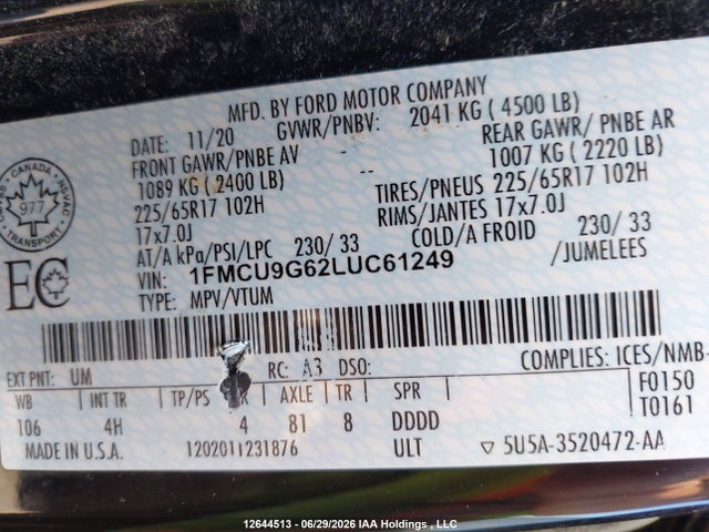 Ford ESCAPE SE 2020 1FMCU9G62LUC61249 Image 9