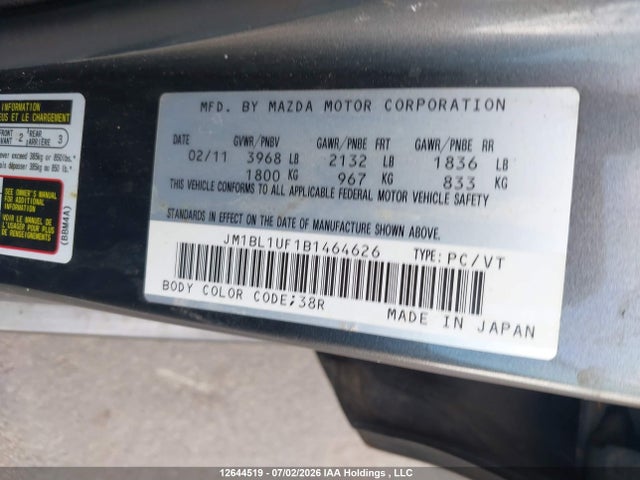 Aukcja sprzedaży 2011 Mazda 3 I, vin: JM1BL1UF1B1464626, numer aukcji: 12644519