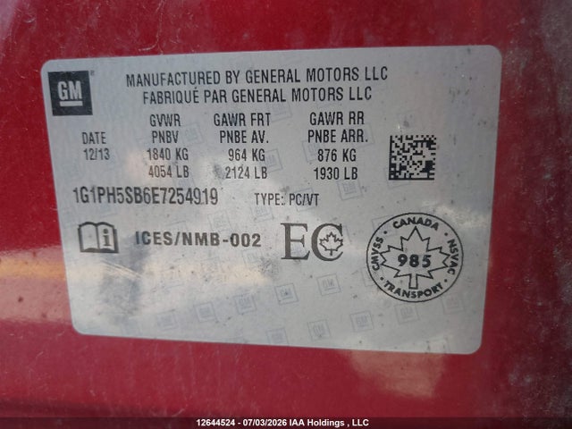 2014 Chevrolet Cruze Eco მანქანა იყიდება აუქციონზე, vin: 1G1PH5SB6E7254919, აუქციონის ნომერი: 12644524