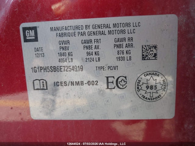 2014 Chevrolet Cruze Eco მანქანა იყიდება აუქციონზე, vin: 1G1PH5SB6E7254919, აუქციონის ნომერი: 12644524