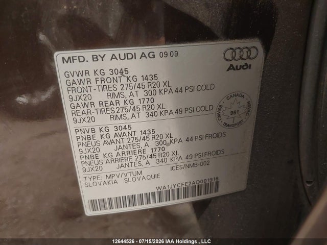 12644526 :رقم المزاد ، WA1JYCFE2AD001916 vin ، 2010 Audi Q7 مزاد بيع