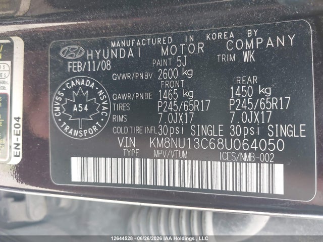 12644528 :رقم المزاد ، KM8NU13C68U064050 vin ، 2008 Hyundai Veracruz مزاد بيع