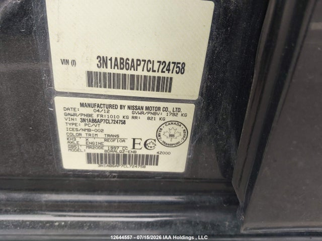2012 Nissan Sentra 2.0 მანქანა იყიდება აუქციონზე, vin: 3N1AB6AP7CL724758, აუქციონის ნომერი: 12644557