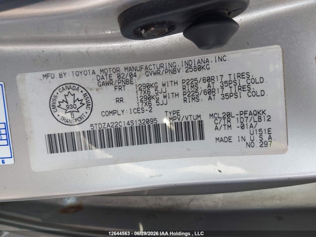 2004 Toyota Sienna Xle/xle Limited მანქანა იყიდება აუქციონზე, vin: 5TDZA22C14S132095, აუქციონის ნომერი: 12644563