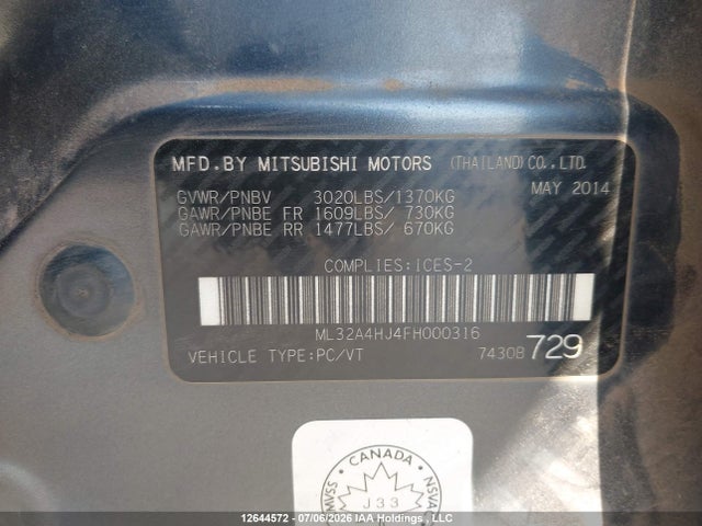 Продаж на аукціоні авто 2015 Mitsubishi Mirage Se, vin: ML32A4HJ4FH000316, номер лоту: 12644572