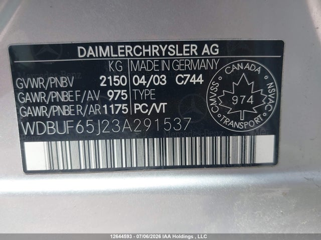 2003 Mercedes-benz E 320 მანქანა იყიდება აუქციონზე, vin: WDBUF65J23A291537, აუქციონის ნომერი: 12644593