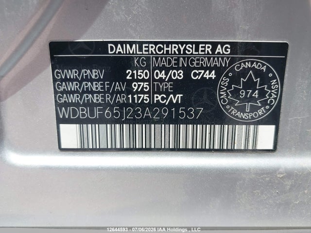 2003 Mercedes-benz E 320 მანქანა იყიდება აუქციონზე, vin: WDBUF65J23A291537, აუქციონის ნომერი: 12644593