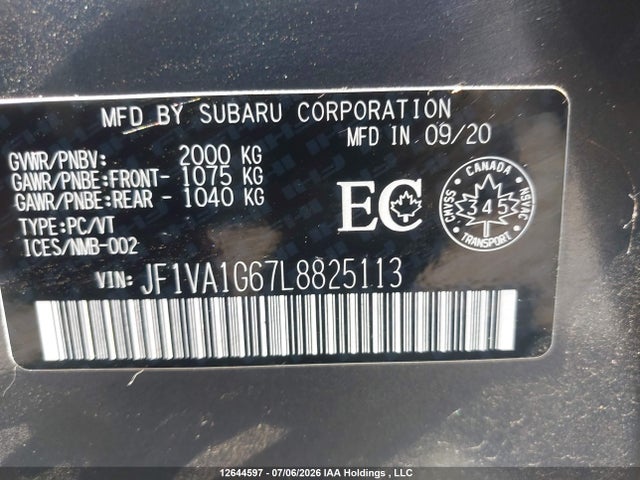 2020 Subaru Wrx Limited მანქანა იყიდება აუქციონზე, vin: JF1VA1G67L8825113, აუქციონის ნომერი: 12644597