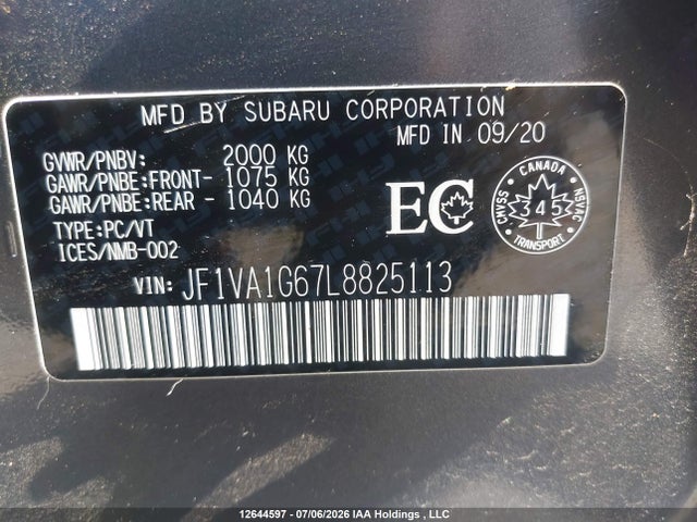 2020 Subaru Wrx Limited მანქანა იყიდება აუქციონზე, vin: JF1VA1G67L8825113, აუქციონის ნომერი: 12644597