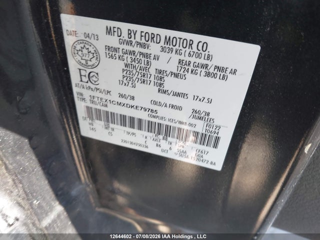 12644602 :رقم المزاد ، 1FTEX1CMXDKE79785 vin ، 2013 Ford F-150 Stx/xl/xlt مزاد بيع