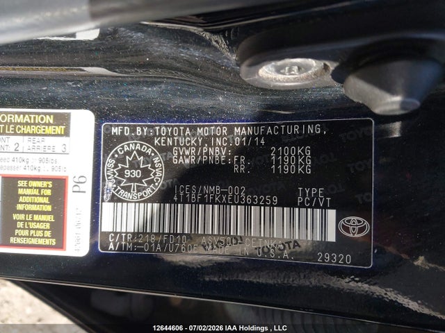 Продаж на аукціоні авто 2014 Toyota Camry L/se/le/xle, vin: 4T1BF1FKXEU363259, номер лоту: 12644606
