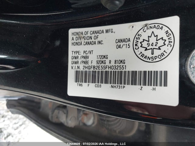 Aukcja sprzedaży 2015 Honda Civic Ex 4dr, vin: 2HGFB2E55FH032551, numer aukcji: 12644609