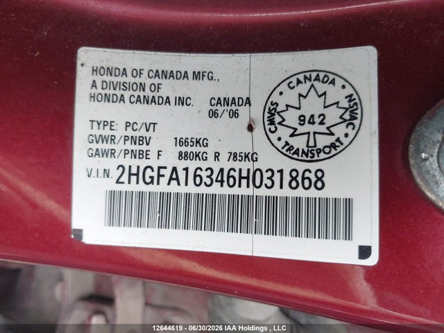 2006 Honda Civic Dx Vp მანქანა იყიდება აუქციონზე, vin: 2HGFA16346H031868, აუქციონის ნომერი: 12644619
