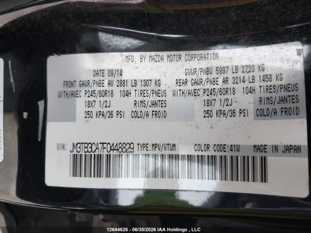 Aukcja sprzedaży 2015 Mazda Cx-9 Touring, vin: JM3TB3CA7F0448829, numer aukcji: 12644626