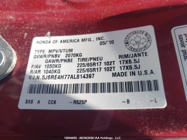 Aukcja sprzedaży 2010 Honda Cr-v Exl, vin: 5J6RE4H77AL814397, numer aukcji: 12644652