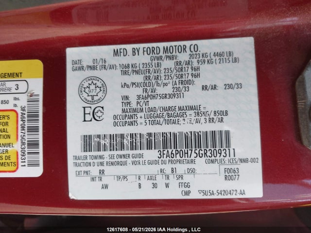 Ford FUSION SE 2016 3FA6P0H75GR309311 Image 20
