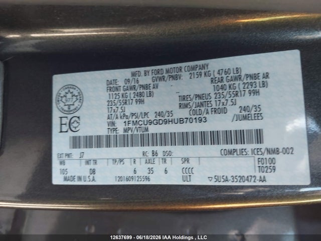 12637699 :رقم المزاد ، 1FMCU9GD9HUB70193 vin ، 2017 Ford Escape Se مزاد بيع