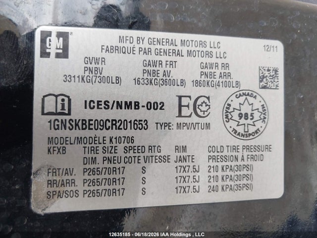 Aukcja sprzedaży 2012 Chevrolet Tahoe Lt, vin: 1GNSKBE09CR201653, numer aukcji: 12635185