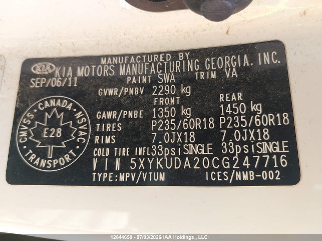 12644658 :رقم المزاد ، 5XYKUDA20CG247716 vin ، 2012 Kia Sorento Ex مزاد بيع