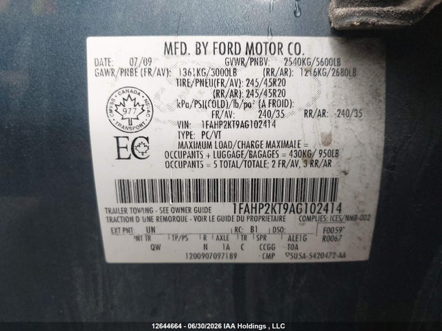 12644664 :رقم المزاد ، 1FAHP2KT9AG102414 vin ، 2010 Ford Taurus مزاد بيع
