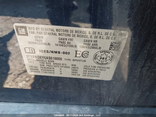 12644665 :رقم المزاد ، 3GYFNDEY6AS618669 vin ، 2010 Cadillac Srx Luxury Collection مزاد بيع