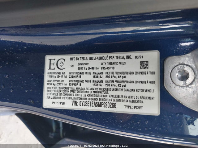Tesla Model 3 Standard Range/standard Range Plus 2021 5YJ3E1EA5MF920266 Image 9